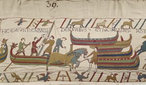 Paarden lossen van de Normandische schepen, Tapijt van Bayeux